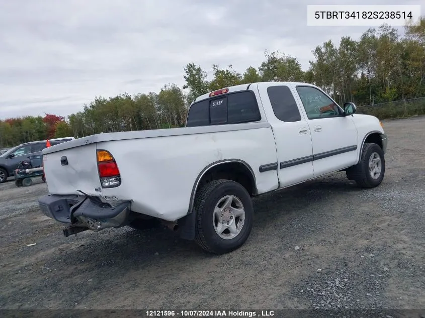 2002 Toyota Tundra Sr5 V8 VIN: 5TBRT34182S238514 Lot: 12121596