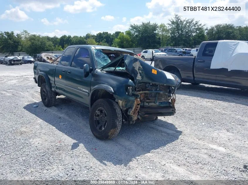 2002 Toyota Tundra Ltd V8 VIN: 5TBBT481X2S244400 Lot: 39849969