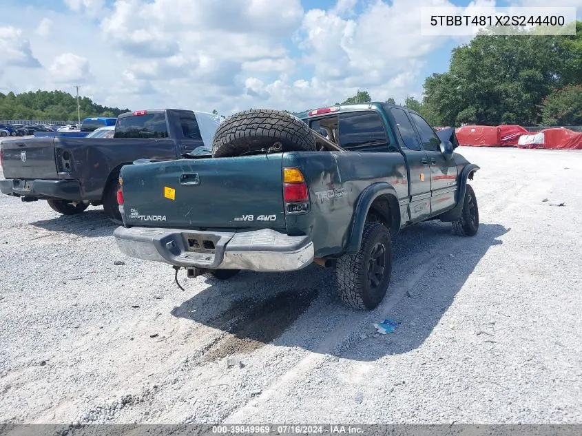 2002 Toyota Tundra Ltd V8 VIN: 5TBBT481X2S244400 Lot: 39849969