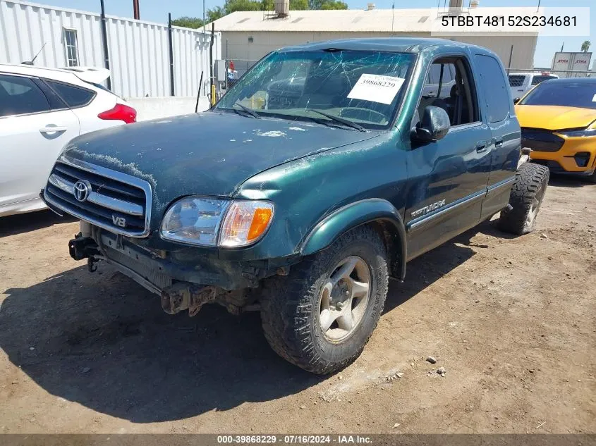 2002 Toyota Tundra Ltd V8 VIN: 5TBBT48152S234681 Lot: 39868229