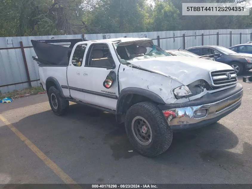 2002 Toyota Tundra Sr5 V8 VIN: 5TBBT44112S294351 Lot: 40175298