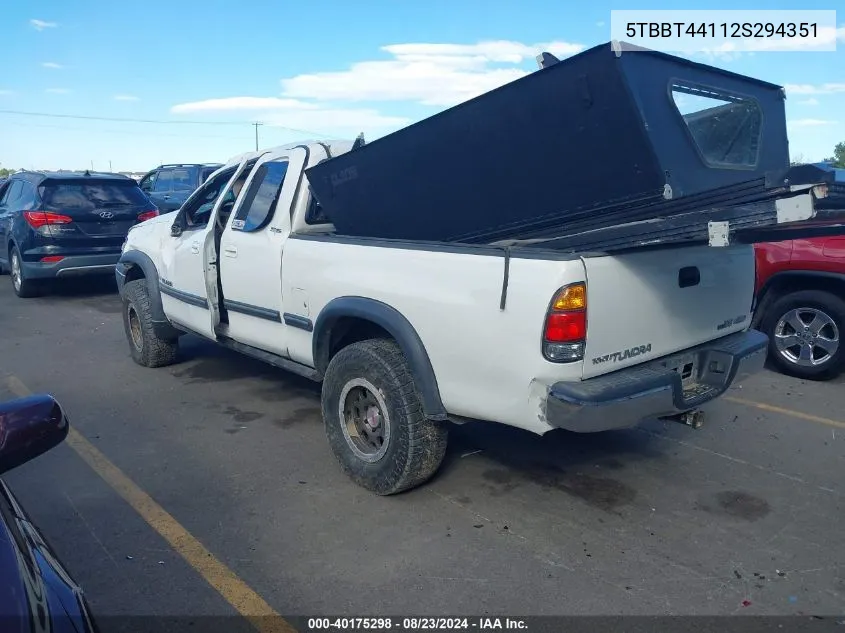 2002 Toyota Tundra Sr5 V8 VIN: 5TBBT44112S294351 Lot: 40175298