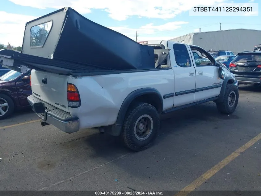 2002 Toyota Tundra Sr5 V8 VIN: 5TBBT44112S294351 Lot: 40175298