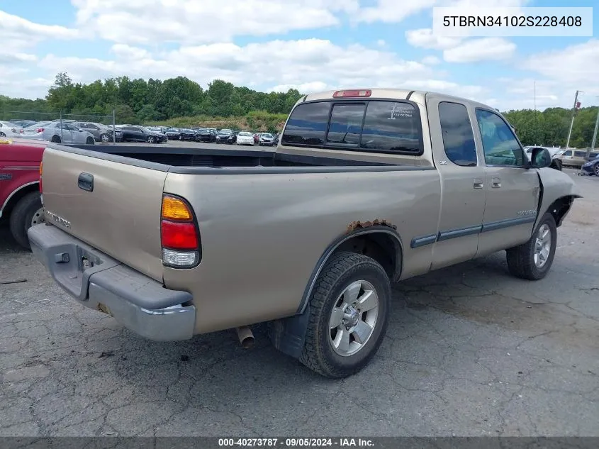 2002 Toyota Tundra Access Cab Sr5 VIN: 5TBRN34102S228408 Lot: 40273787