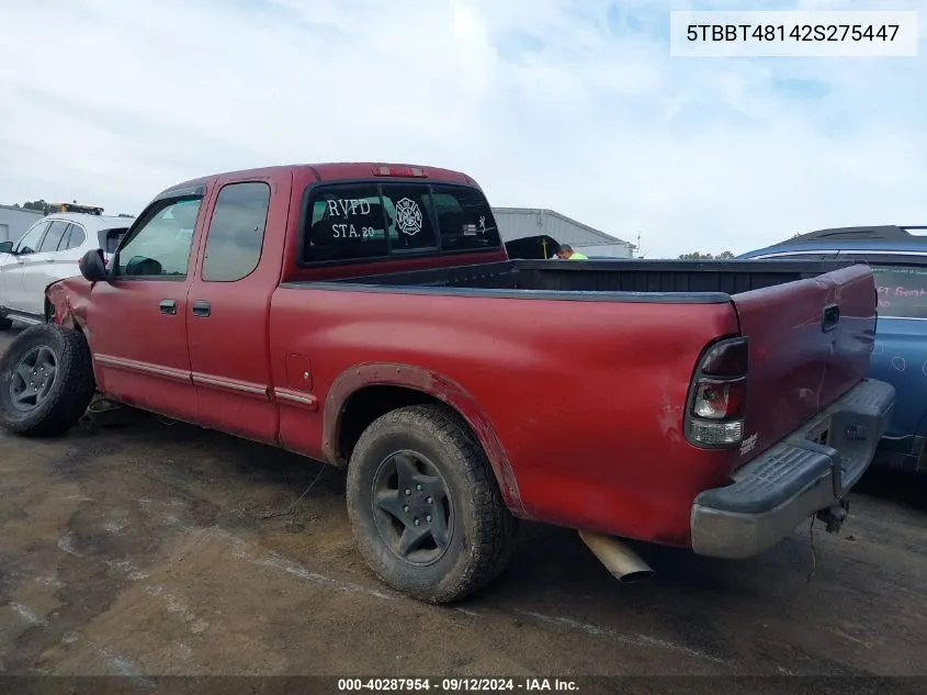 2002 Toyota Tundra Ltd V8 VIN: 5TBBT48142S275447 Lot: 40287954