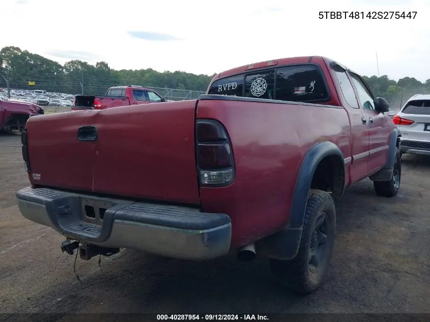 2002 Toyota Tundra Ltd V8 VIN: 5TBBT48142S275447 Lot: 40287954