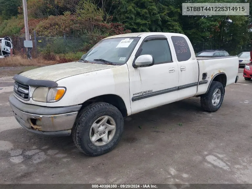 2002 Toyota Tundra Sr5 V8 VIN: 5TBBT44122S314915 Lot: 40356380