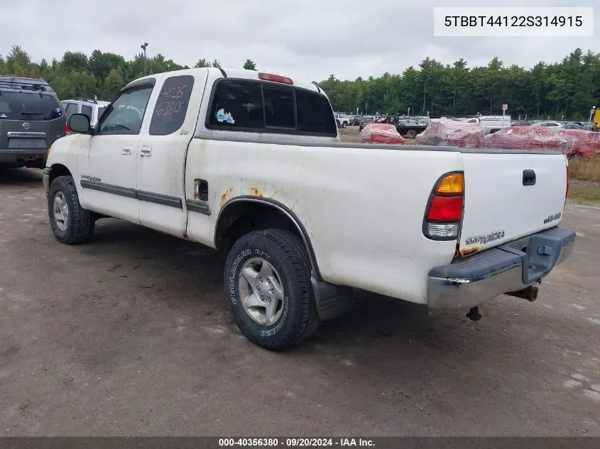 2002 Toyota Tundra Sr5 V8 VIN: 5TBBT44122S314915 Lot: 40356380