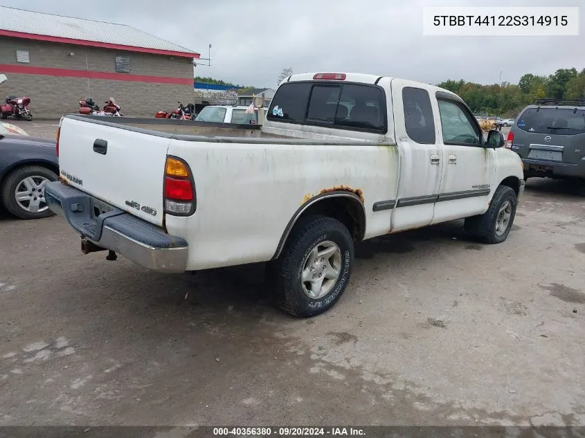 2002 Toyota Tundra Sr5 V8 VIN: 5TBBT44122S314915 Lot: 40356380