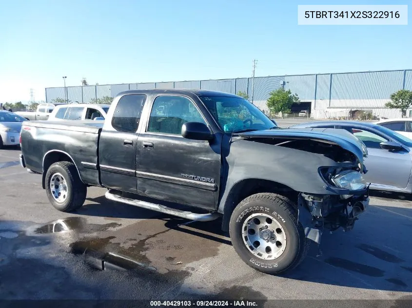 2002 Toyota Tundra Sr5 V8 VIN: 5TBRT341X2S322916 Lot: 40429103