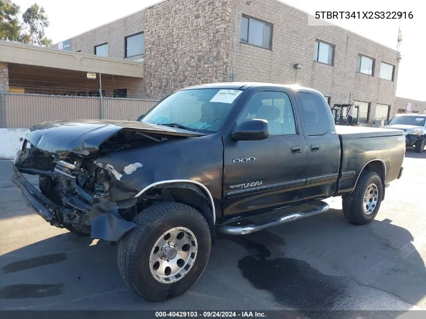 2002 Toyota Tundra Sr5 V8 VIN: 5TBRT341X2S322916 Lot: 40429103