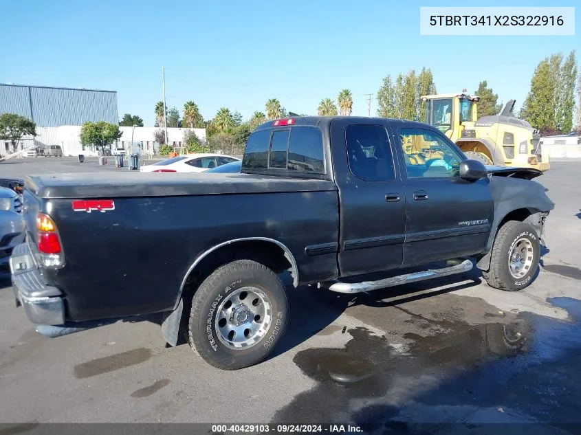 2002 Toyota Tundra Sr5 V8 VIN: 5TBRT341X2S322916 Lot: 40429103