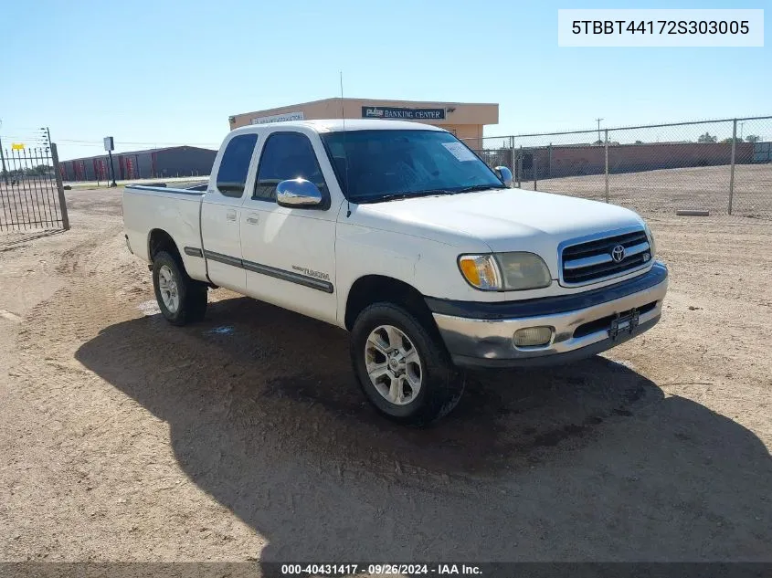 2002 Toyota Tundra Sr5 V8 VIN: 5TBBT44172S303005 Lot: 40431417