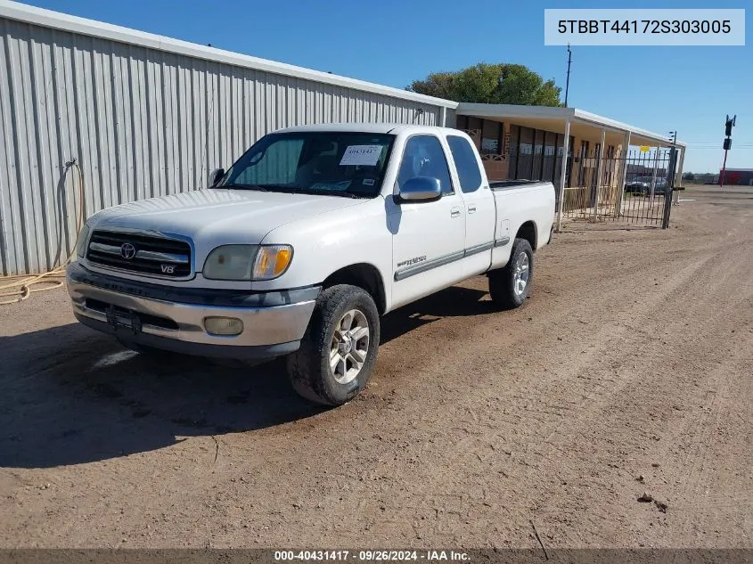 2002 Toyota Tundra Sr5 V8 VIN: 5TBBT44172S303005 Lot: 40431417