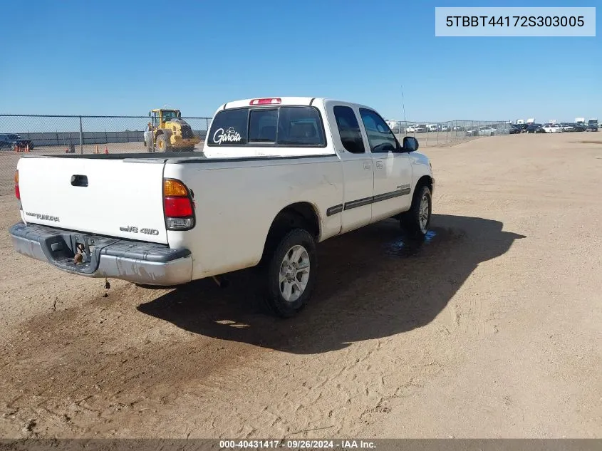 2002 Toyota Tundra Sr5 V8 VIN: 5TBBT44172S303005 Lot: 40431417