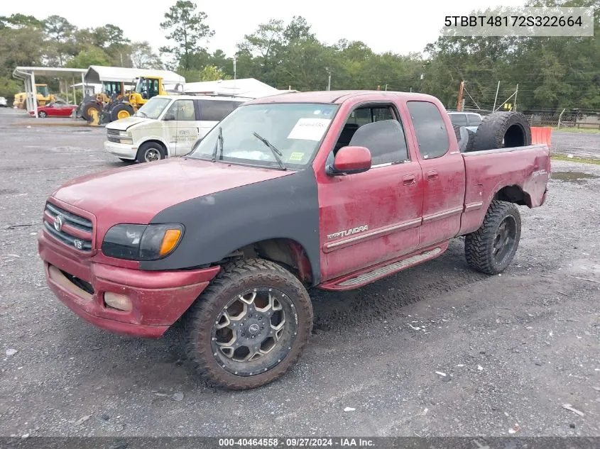 2002 Toyota Tundra Ltd V8 VIN: 5TBBT48172S322664 Lot: 40464558