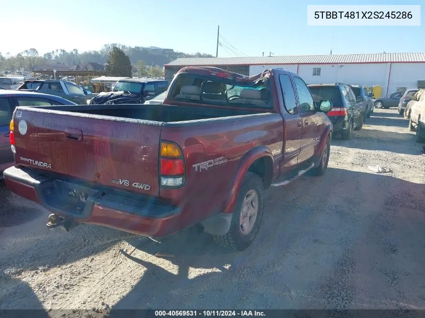 2002 Toyota Tundra Access Cab Limited VIN: 5TBBT481X2S245286 Lot: 40569531