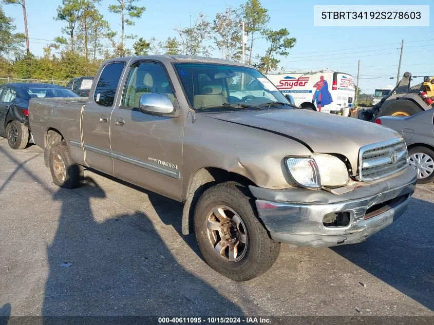 2002 Toyota Tundra Sr5 V8 VIN: 5TBRT34192S278603 Lot: 40611095