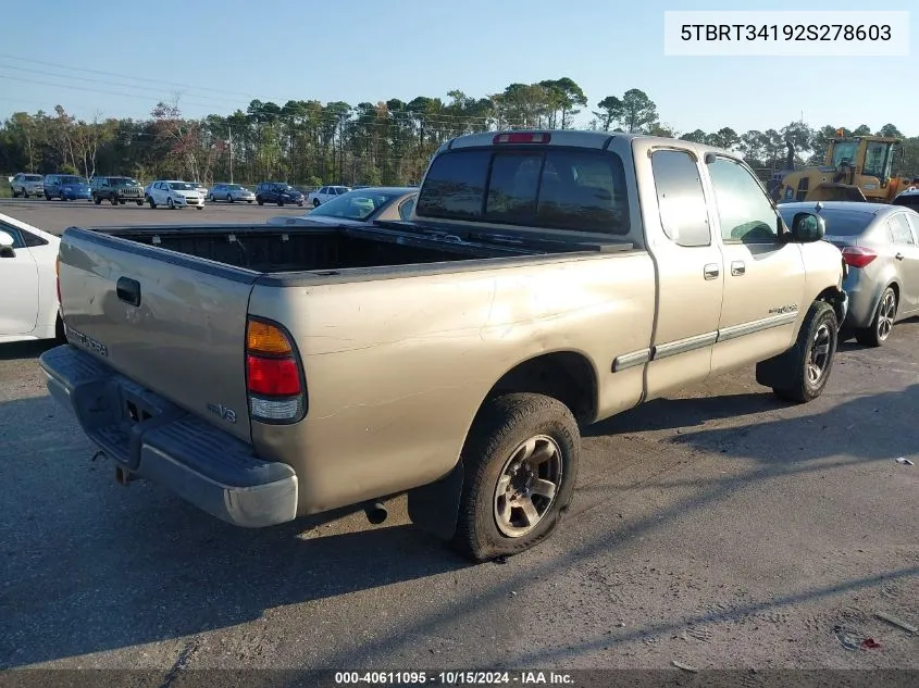 2002 Toyota Tundra Sr5 V8 VIN: 5TBRT34192S278603 Lot: 40611095