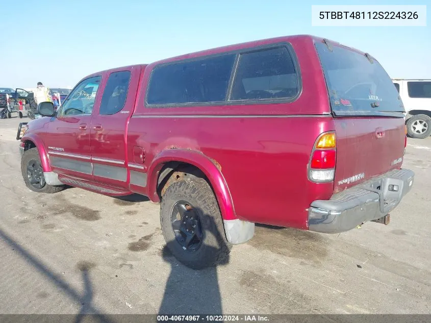 2002 Toyota Tundra Ltd V8 VIN: 5TBBT48112S224326 Lot: 40674967