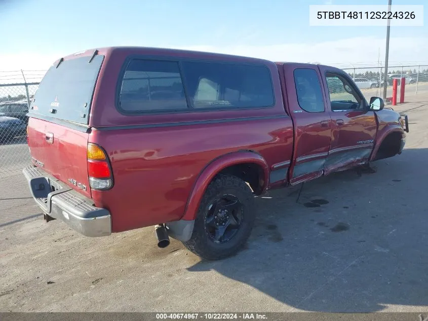 2002 Toyota Tundra Ltd V8 VIN: 5TBBT48112S224326 Lot: 40674967