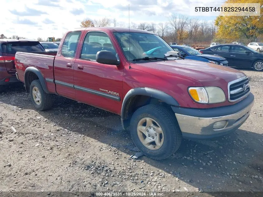 2002 Toyota Tundra Sr5 V8 VIN: 5TBBT44182S294458 Lot: 40679531