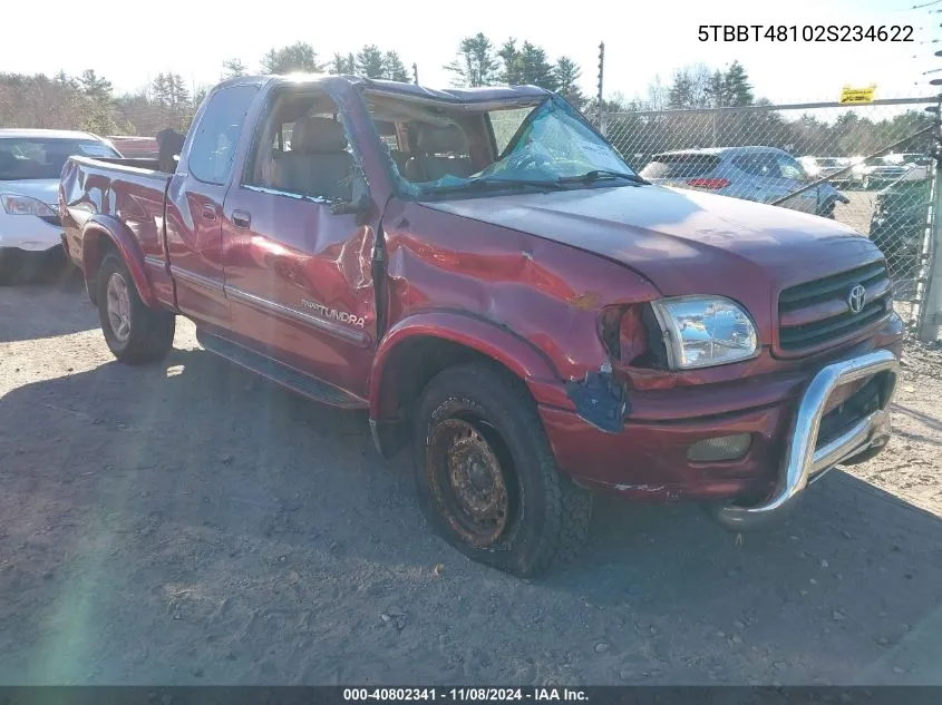 2002 Toyota Tundra Ltd V8 VIN: 5TBBT48102S234622 Lot: 40802341