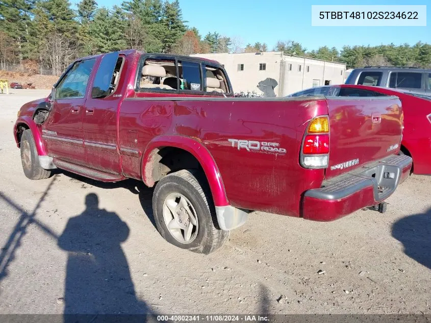 2002 Toyota Tundra Ltd V8 VIN: 5TBBT48102S234622 Lot: 40802341