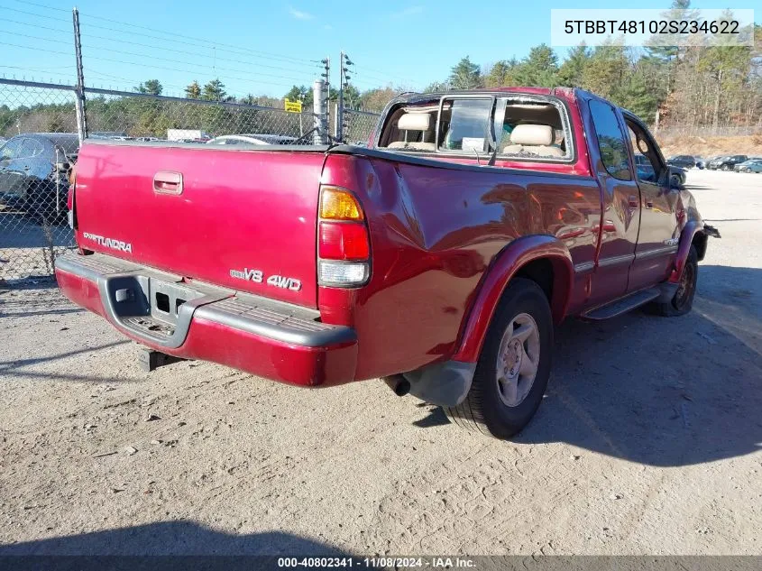 2002 Toyota Tundra Ltd V8 VIN: 5TBBT48102S234622 Lot: 40802341