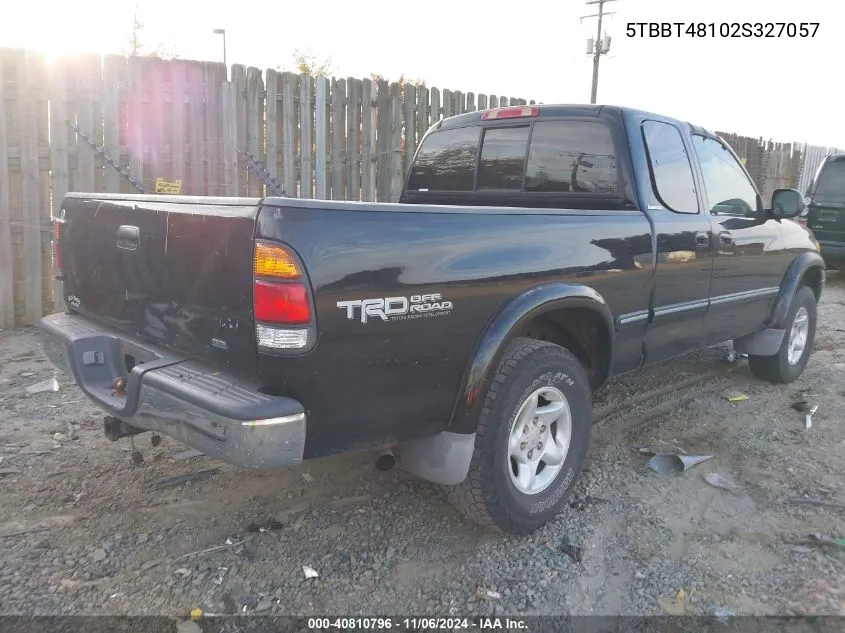 2002 Toyota Tundra Ltd V8 VIN: 5TBBT48102S327057 Lot: 40810796