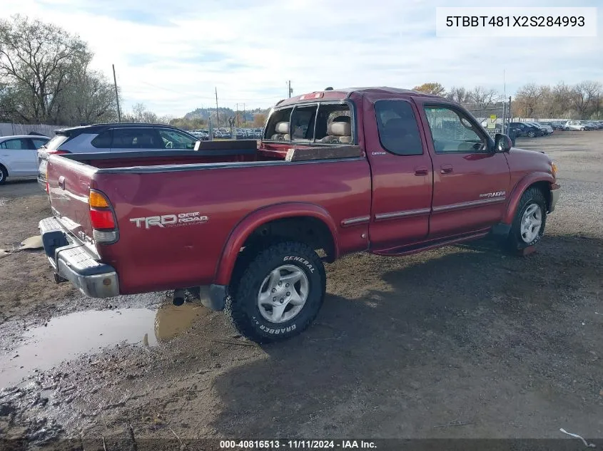 2002 Toyota Tundra Ltd V8 VIN: 5TBBT481X2S284993 Lot: 40816513