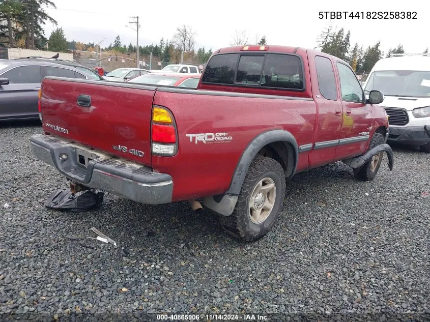 2002 Toyota Tundra Sr5 V8 VIN: 5TBBT44182S258382 Lot: 40865906