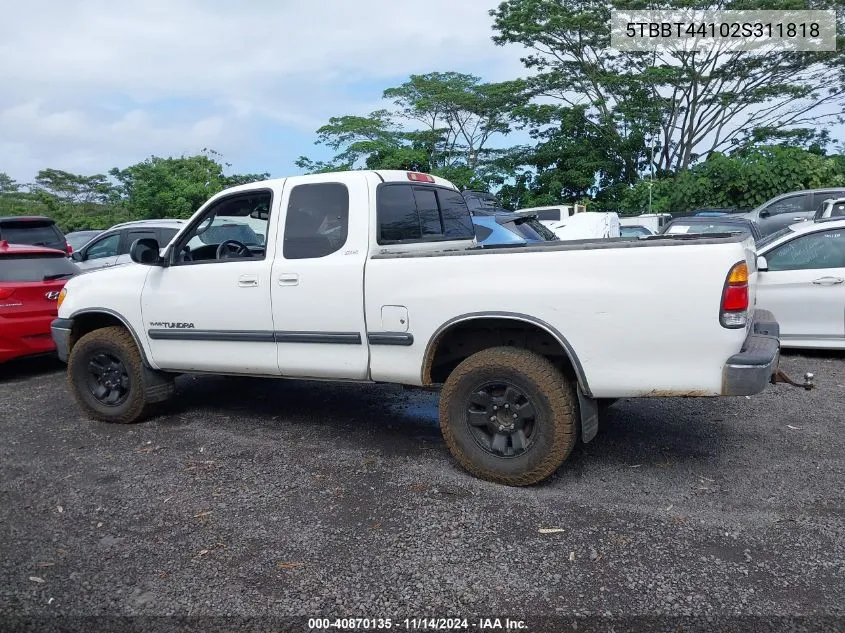 2002 Toyota Tundra Sr5 V8 VIN: 5TBBT44102S311818 Lot: 40870135