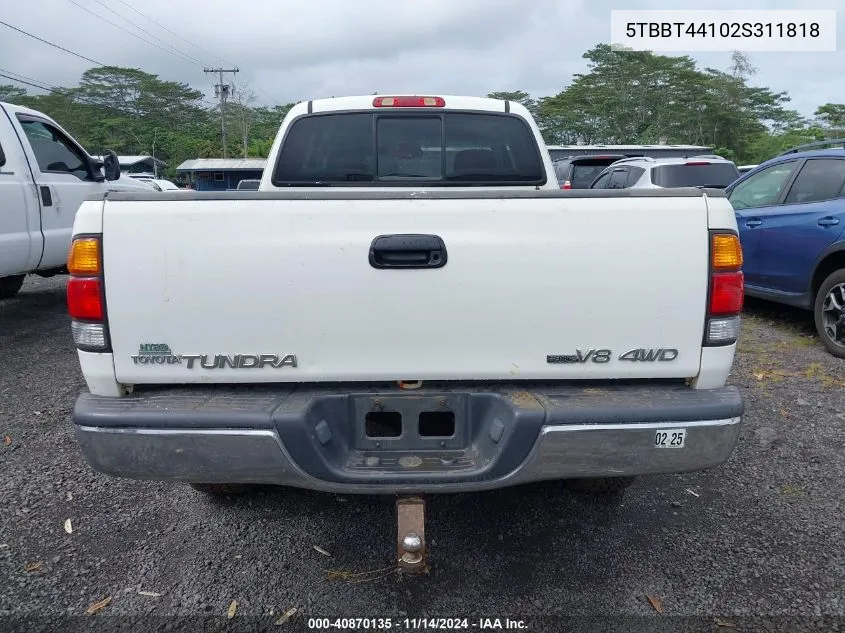 2002 Toyota Tundra Sr5 V8 VIN: 5TBBT44102S311818 Lot: 40870135