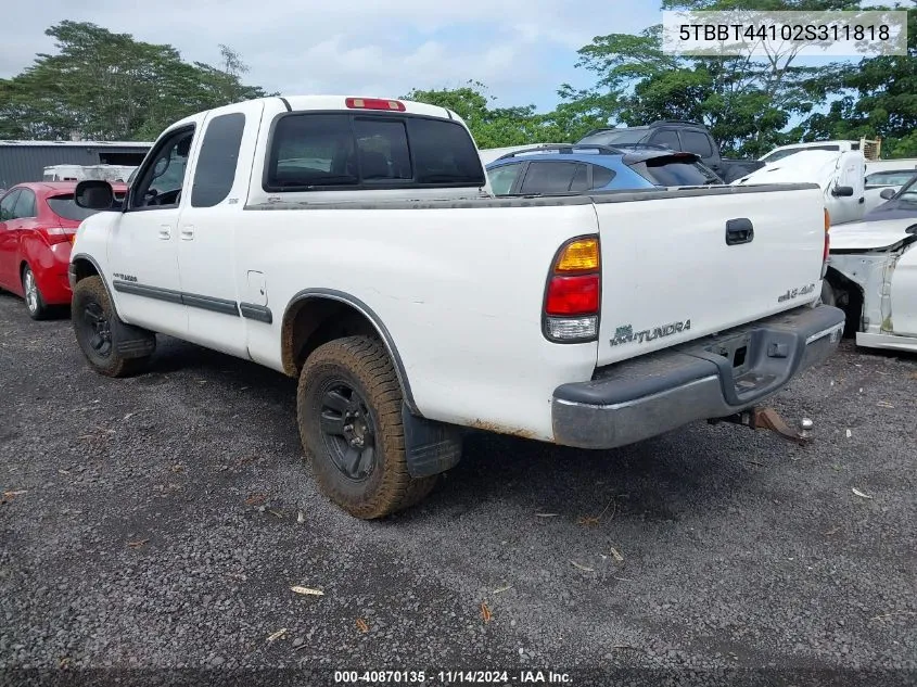 2002 Toyota Tundra Sr5 V8 VIN: 5TBBT44102S311818 Lot: 40870135