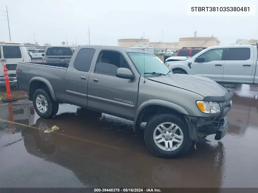 2003 Toyota Tundra Limited V8 VIN: 5TBRT38103S380481 Lot: 39448378