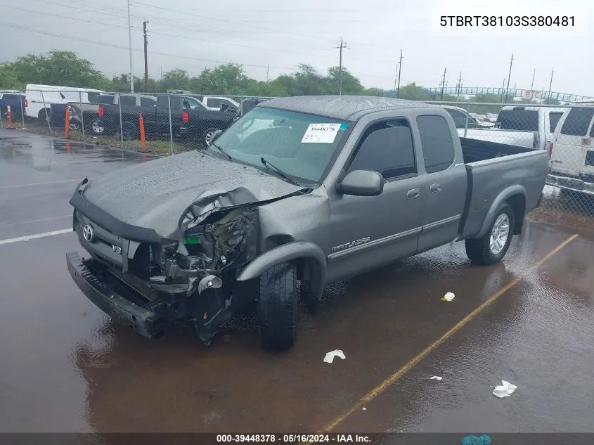 2003 Toyota Tundra Limited V8 VIN: 5TBRT38103S380481 Lot: 39448378