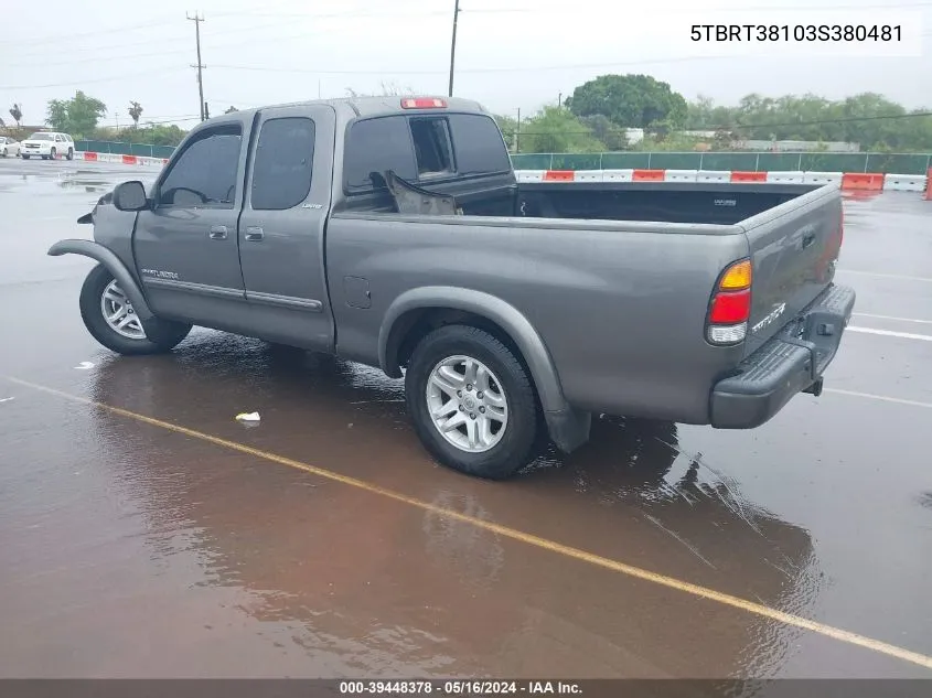 2003 Toyota Tundra Limited V8 VIN: 5TBRT38103S380481 Lot: 39448378