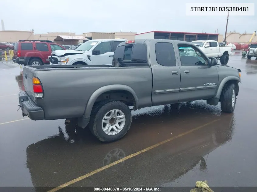 2003 Toyota Tundra Limited V8 VIN: 5TBRT38103S380481 Lot: 39448378