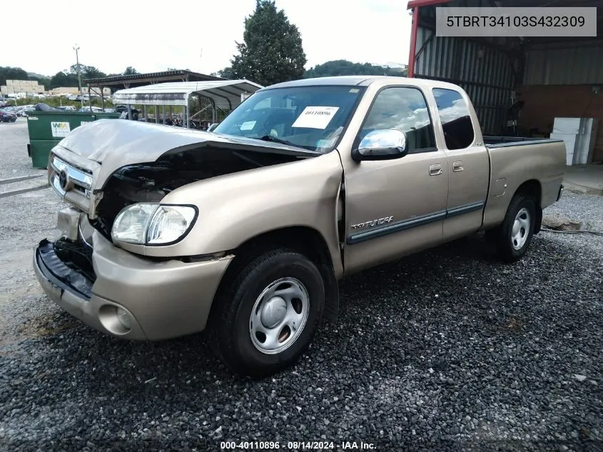 2003 Toyota Tundra Sr5 V8 VIN: 5TBRT34103S432309 Lot: 40110896