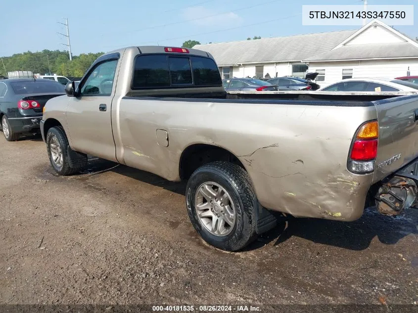 2003 Toyota Tundra VIN: 5TBJN32143S347550 Lot: 40181535