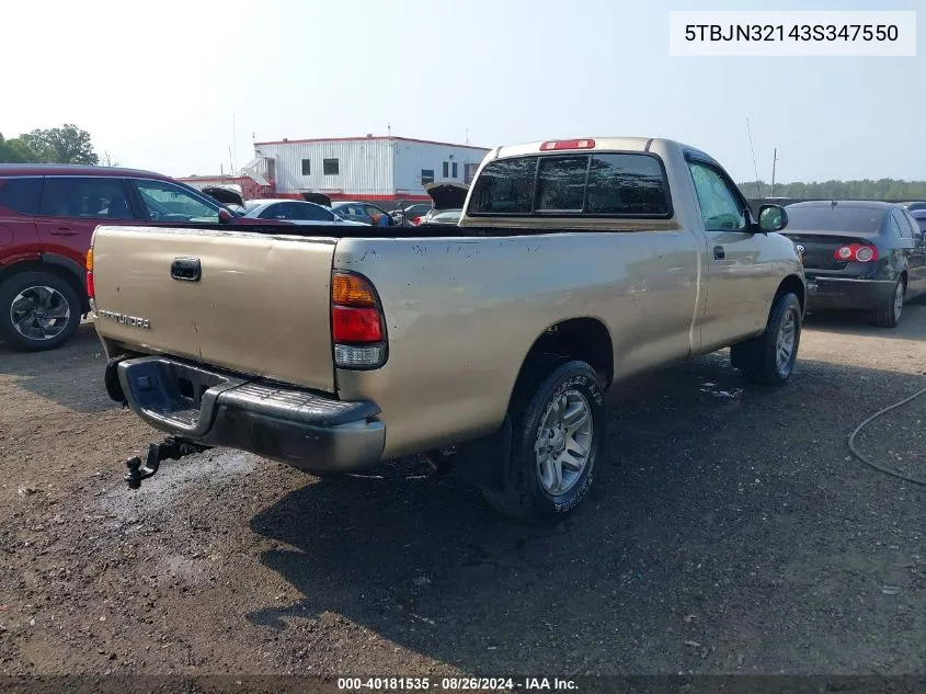 2003 Toyota Tundra VIN: 5TBJN32143S347550 Lot: 40181535