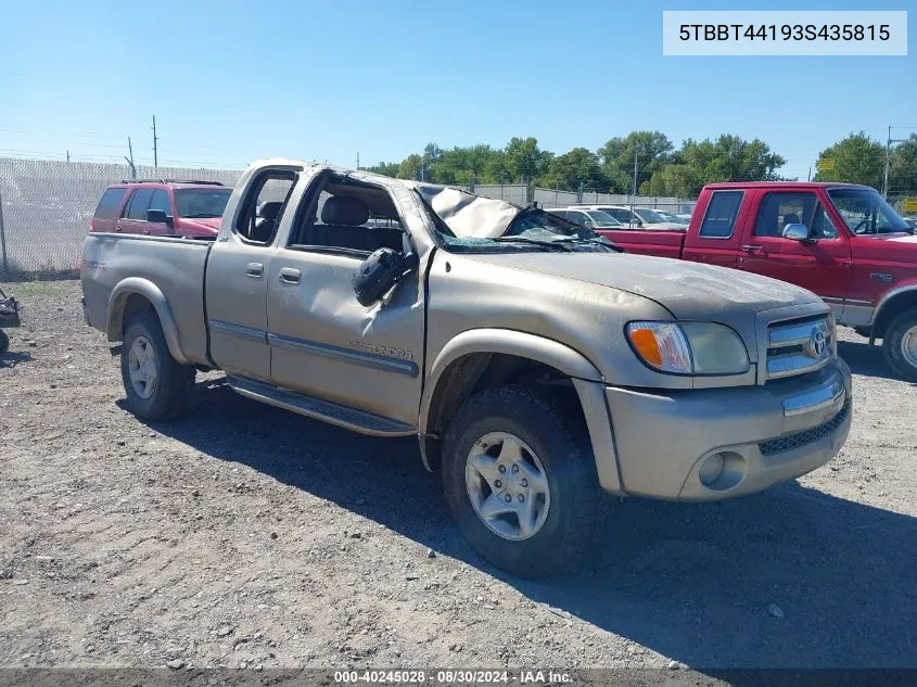 2003 Toyota Tundra Sr5 V8 VIN: 5TBBT44193S435815 Lot: 40245028