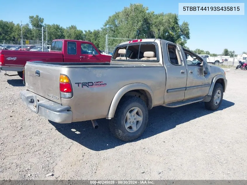 2003 Toyota Tundra Sr5 V8 VIN: 5TBBT44193S435815 Lot: 40245028