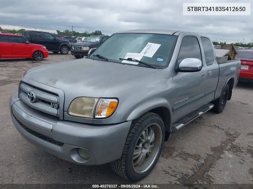 2003 Toyota Tundra Sr5 V8 VIN: 5TBRT34183S412650 Lot: 40278337