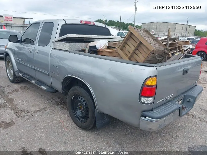 2003 Toyota Tundra Sr5 V8 VIN: 5TBRT34183S412650 Lot: 40278337