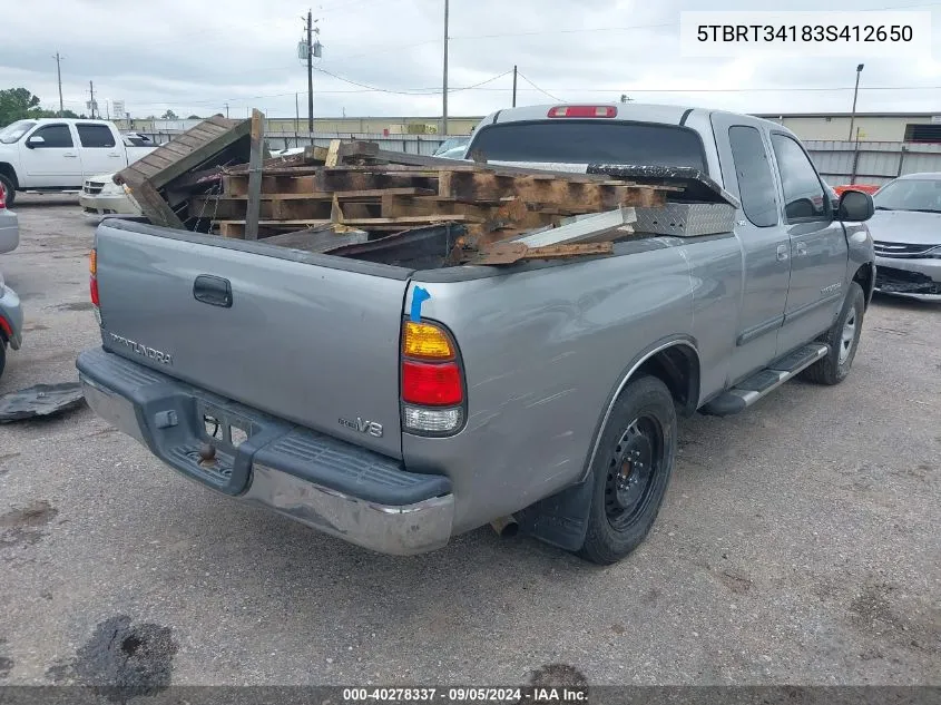 2003 Toyota Tundra Sr5 V8 VIN: 5TBRT34183S412650 Lot: 40278337