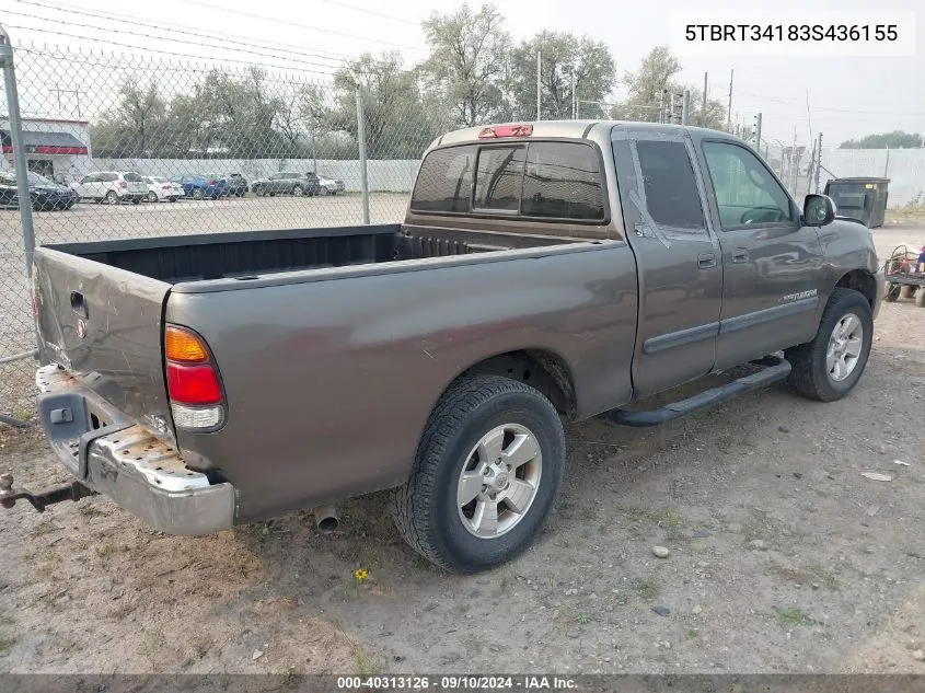 2003 Toyota Tundra Access Cab Sr5 VIN: 5TBRT34183S436155 Lot: 40313126