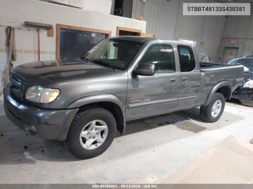 2003 Toyota Tundra Access Cab Limited VIN: 5TBBT48133S438381 Lot: 40398903