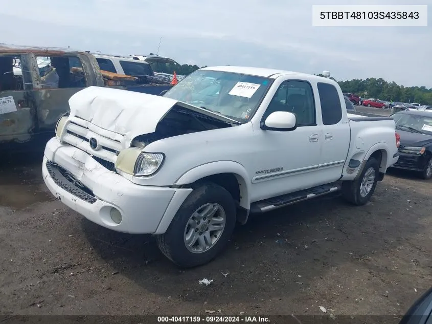 2003 Toyota Tundra Access Cab Limited VIN: 5TBBT48103S435843 Lot: 40417159